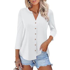 Women's Cotton Blend Button Down Top 3/4 Sleeve V Neck Casual Summer Stylish